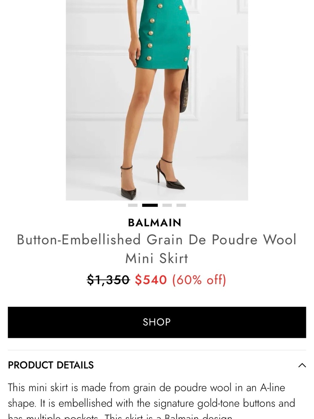 Balmain Emerald Green Button-Embellished Mini Skirt